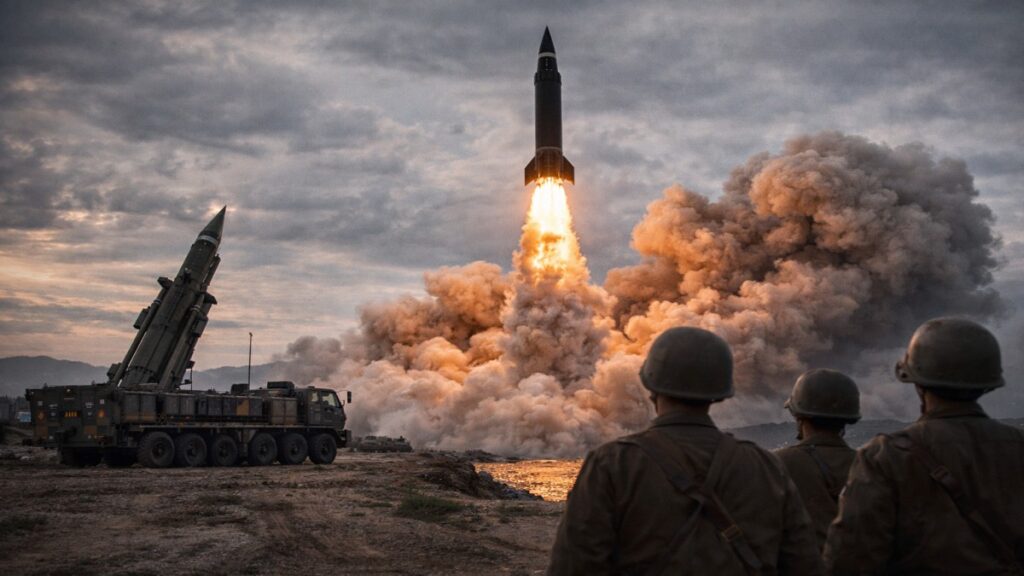 North Korea ballistic missile launching into the sky over the sea during military testing amid US–South Korea Freedom Shield drills