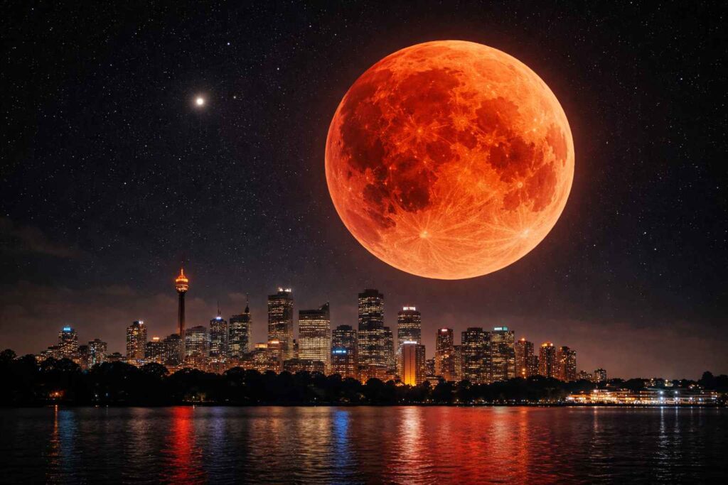 Rare blood moon total lunar eclipse glowing deep red over city skyline