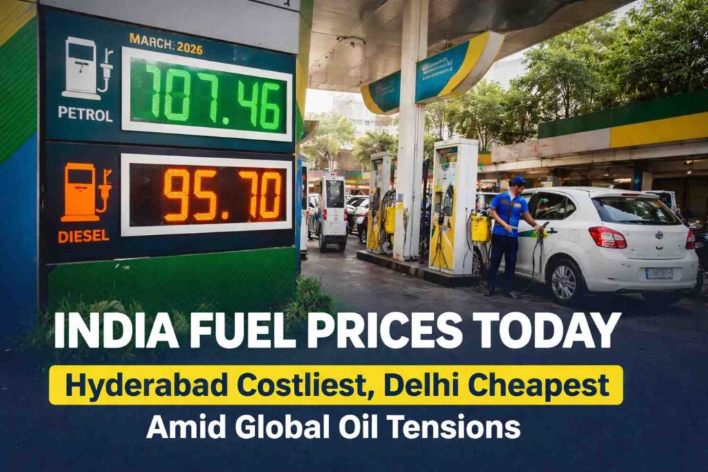 Petrol and diesel price display board at an Indian fuel station showing latest fuel rates amid global crude oil volatility