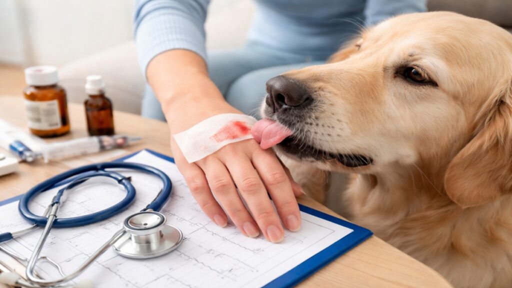 Dog Lick Sepsis Dog licking wound on hand showing risk of bacterial infection and sepsis from pet saliva