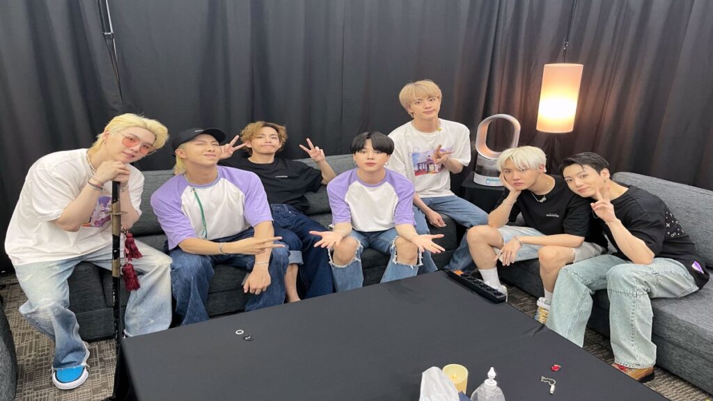 BTS members RM, Jin, Suga, J-Hope, Jimin, V and Jungkook during Arirang comeback live concert announcement in Seoul