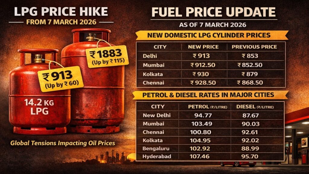 LPG cylinder price hike in India March 2026 with latest petrol diesel rates in major cities