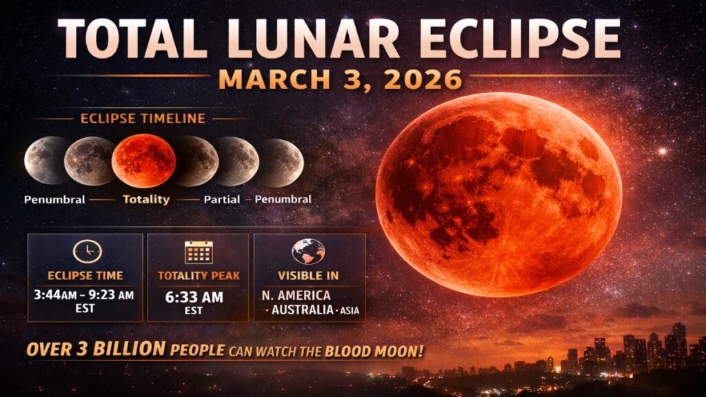 Total Lunar Eclipse March 3 2026 Blood Moon peak at 6:33 AM EST visible in North America Australia and Asia