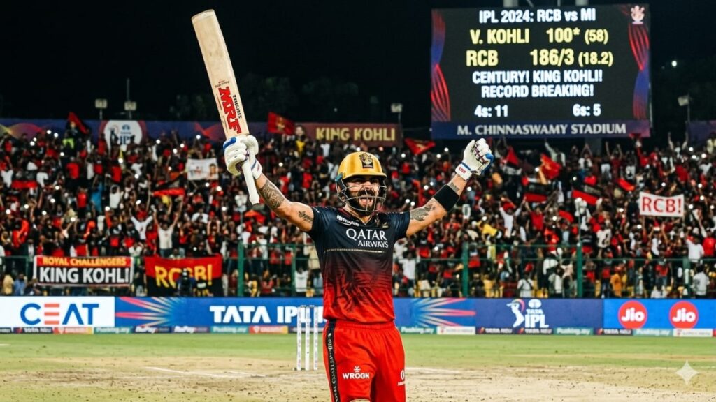 Virat Kohli celebrating century for Royal Challengers Bengaluru showing IPL records and stats