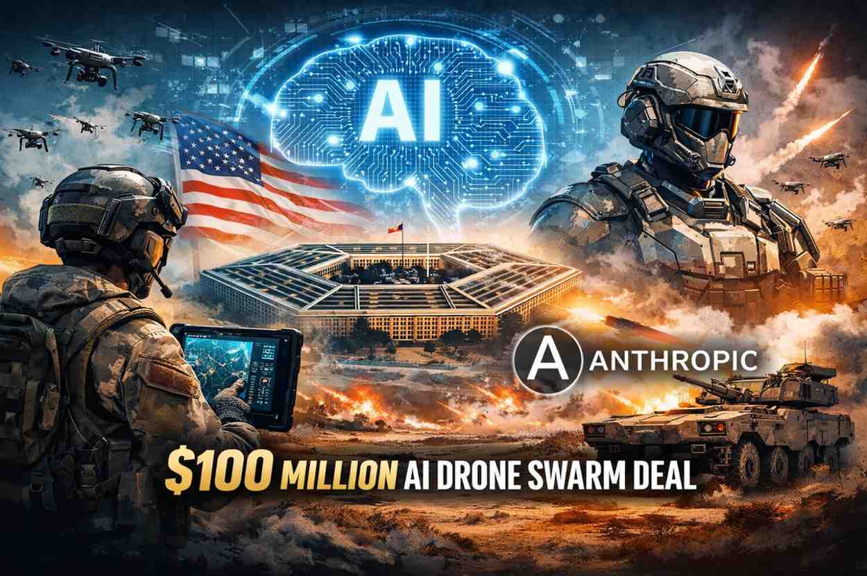 Anthropic AI Drone Swarm Deal with US Pentagon 100 Million Dollar Defense Project Illustration