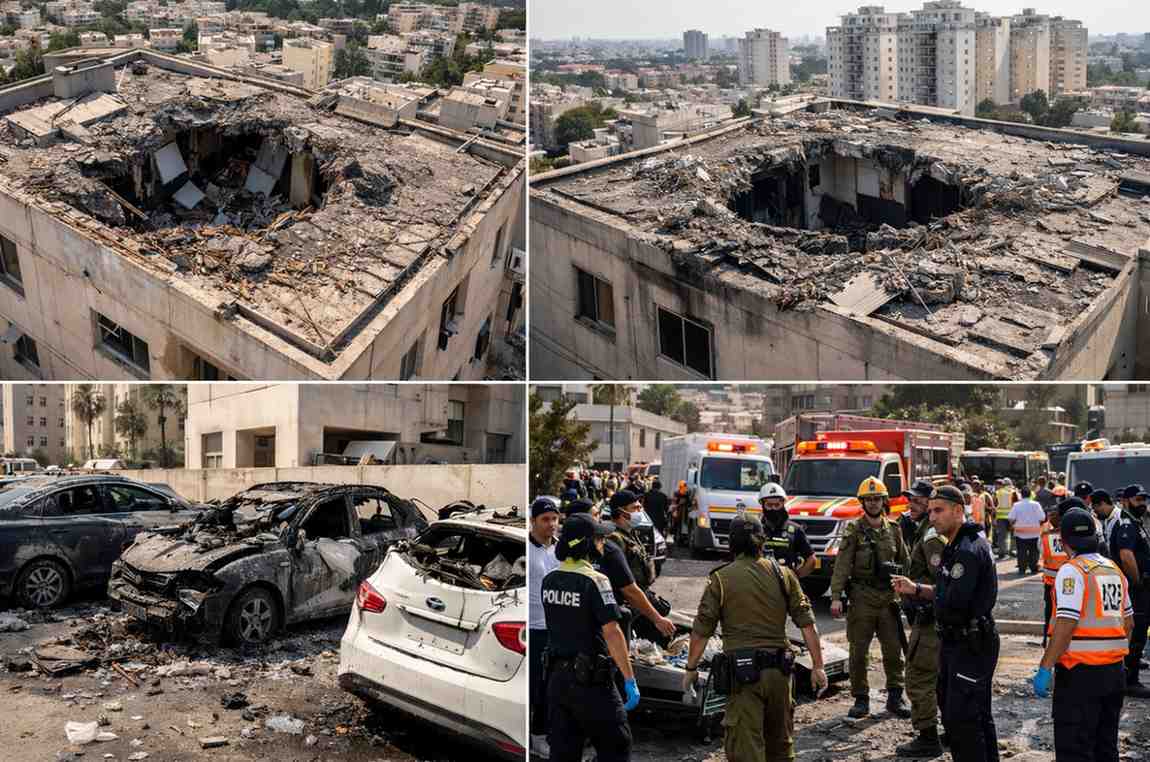 Petah Tikva में ईरान के मिसाइल हमले के बाद क्षतिग्रस्त अपार्टमेंट की छत और जले हुए वाहन