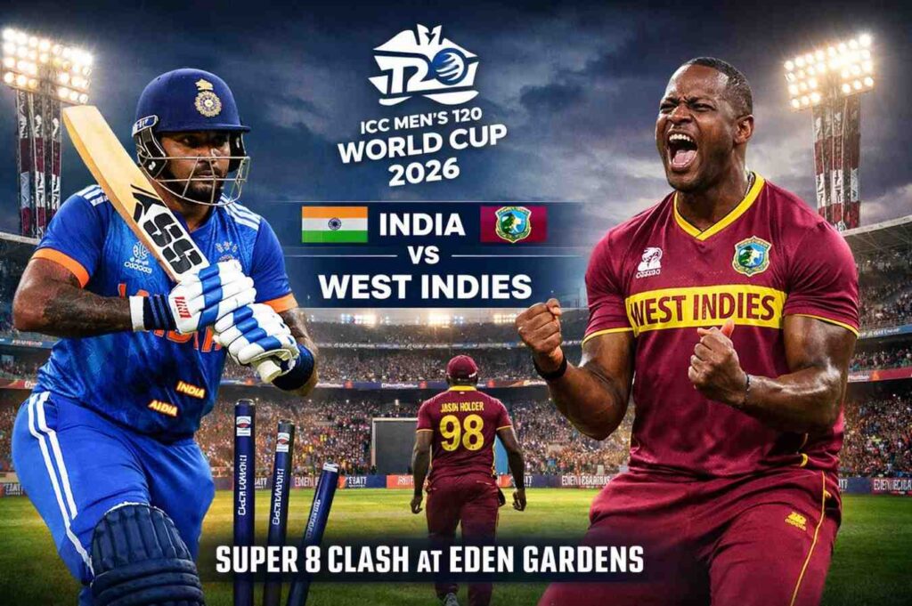 ईडन गार्डन्स में भारत बनाम वेस्टइंडीज टी20 वर्ल्ड कप 2026 सुपर-8 मुकाबले का दृश्य