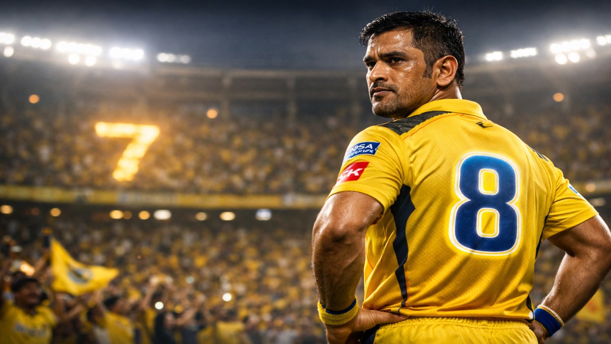 MS Dhoni wearing CSK jersey with number 8 in IPL stadium replacing iconic number 7