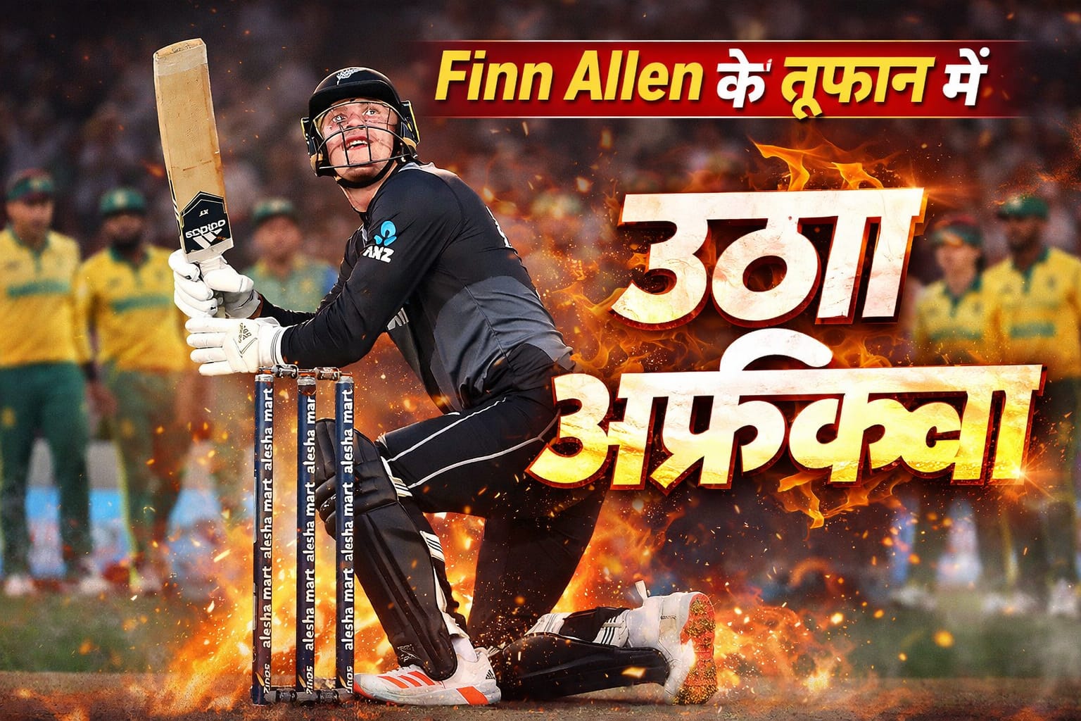 Finn Allen celebrating 100 against South Africa in T20 World Cup 2026 semi final