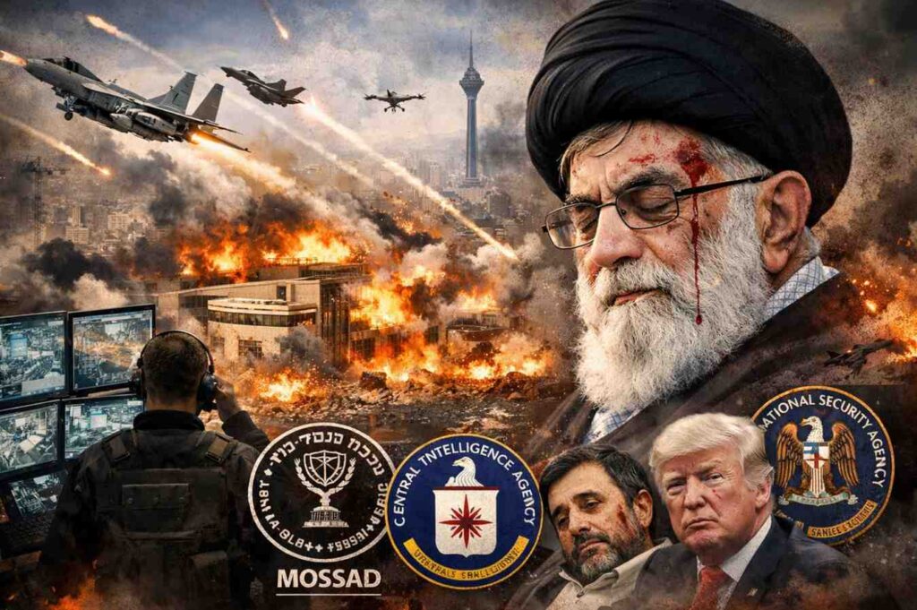 तेहरान में एयरस्ट्राइक के बाद अयातुल्लाह अली खामेनेई से जुड़ा मिडिल ईस्ट संकट दर्शाता चित्र