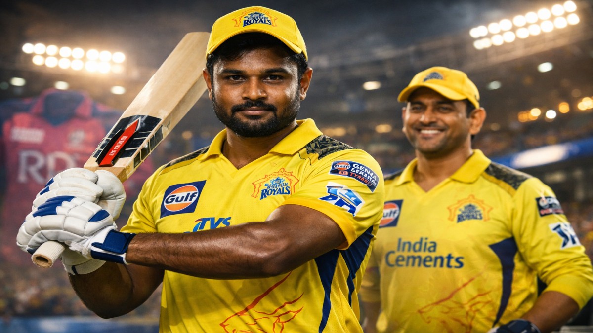 Sanju Samson in Chennai Super Kings jersey holding bat with MS Dhoni smiling in background IPL 2026