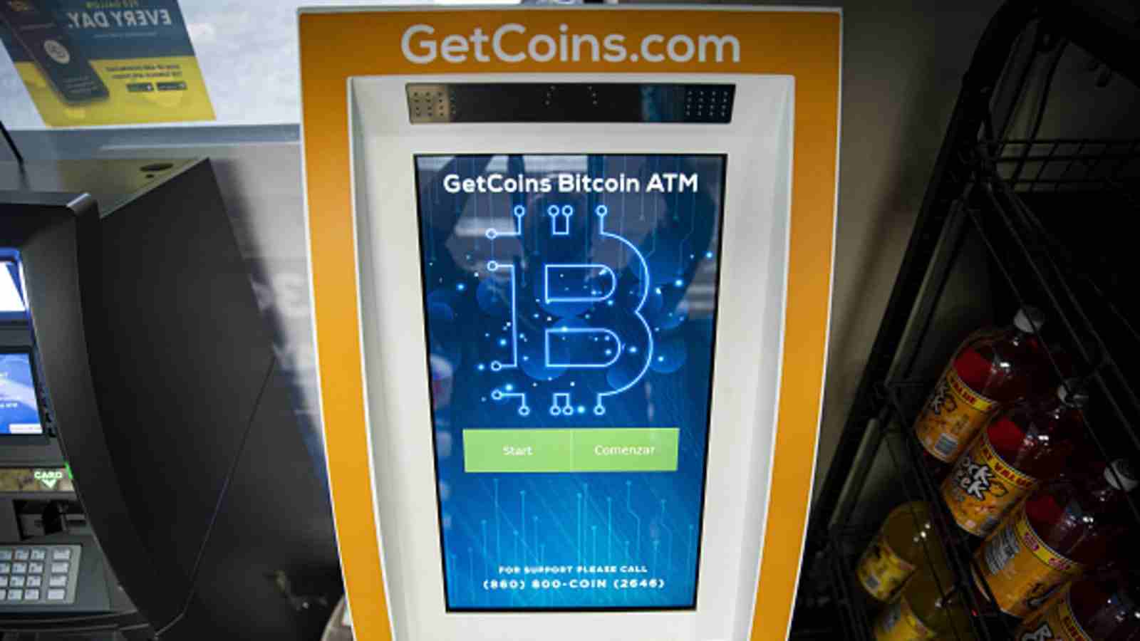 Bitcoin ATM machine inside a gas station as Minnesota lawmakers consider banning crypto kiosks over rising fraud cases targeting seniors.