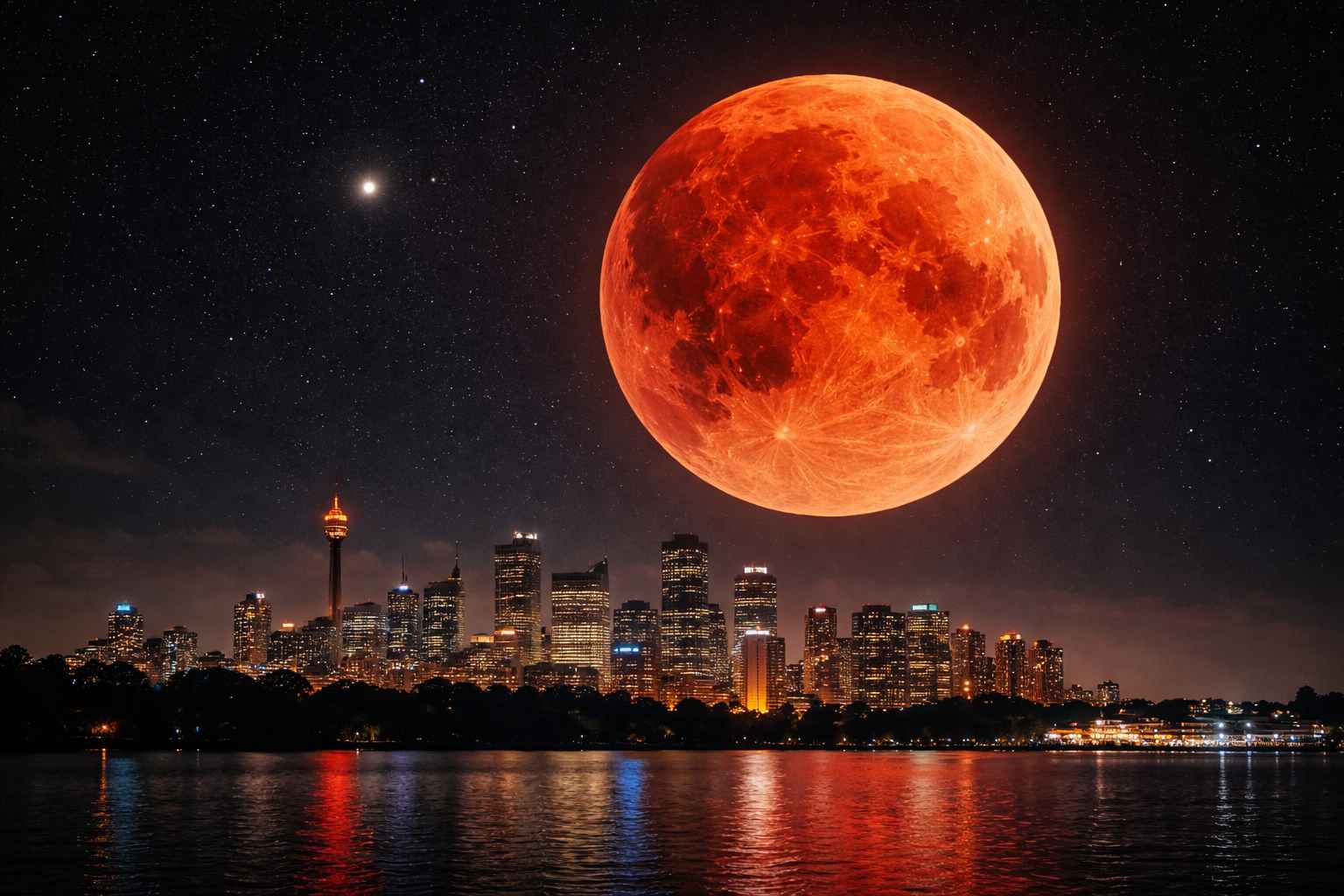 Blood moon huge over Sydney harbor night