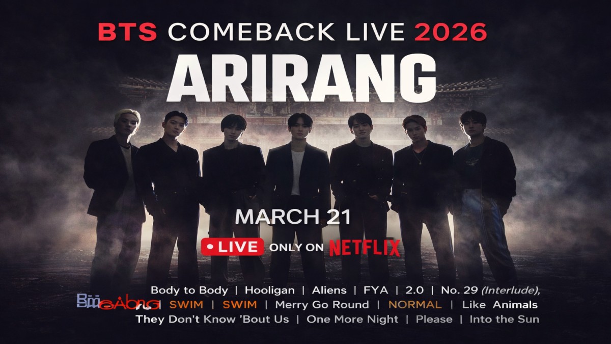 BTS members RM, Jin, Suga, J-Hope, Jimin, V and Jungkook during Arirang comeback live concert announcement in Seoul