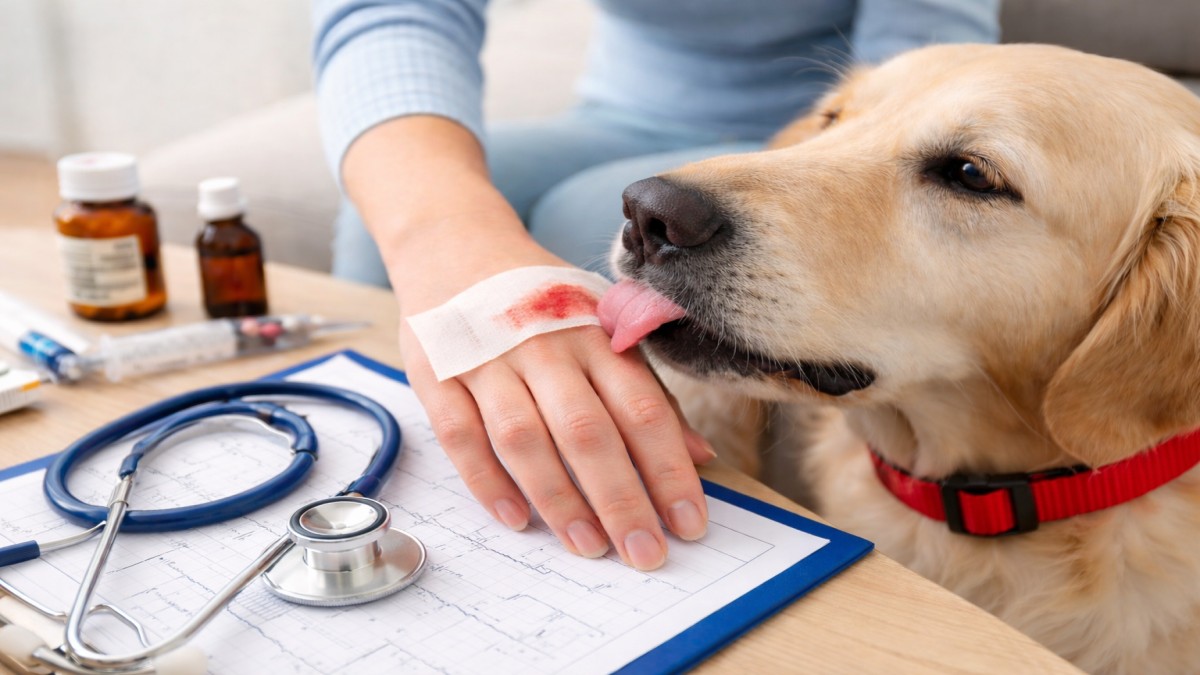 Dog Lick Sepsis Dog licking wound on hand showing risk of bacterial infection and sepsis from pet saliva