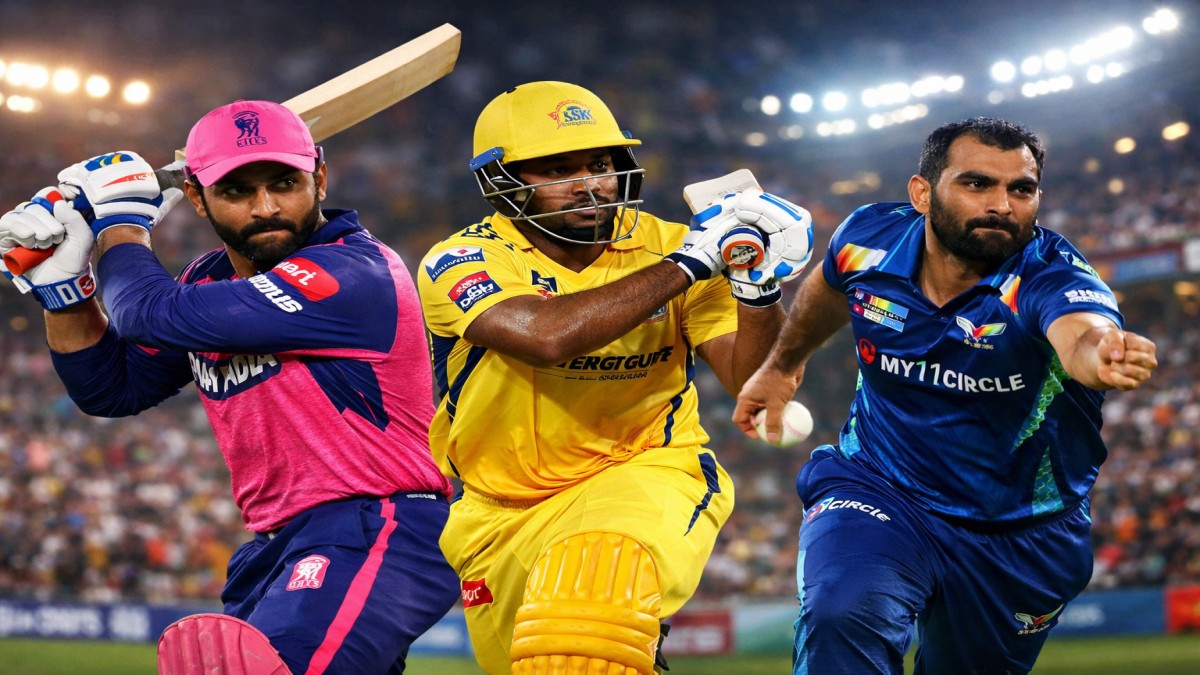 Ravindra Jadeja in Rajasthan Royals jersey, Sanju Samson in CSK jersey, Mohammed Shami bowling for Lucknow Super Giants IPL 2026