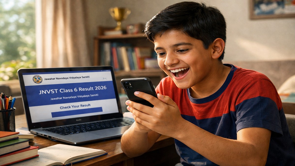 Student checking JNVST Class 6 Result 2026 on smartphone with laptop showing Navodaya result page at home study desk
