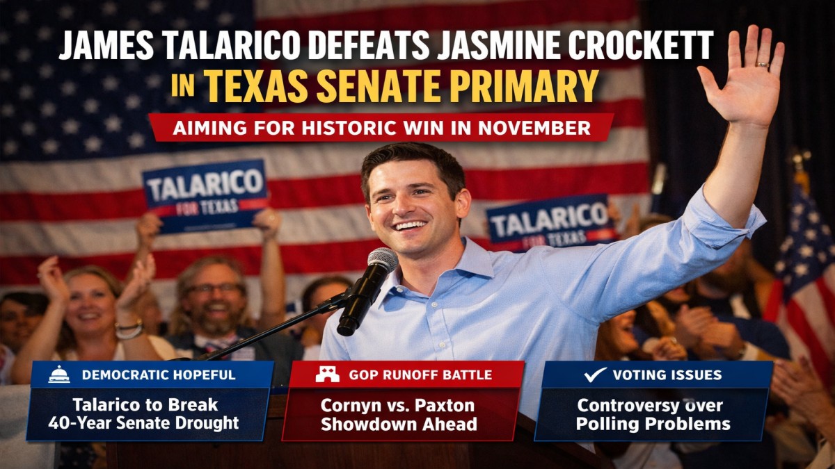 James Talarico celebrating victory after defeating Jasmine Crockett in Texas Senate Democratic primary election