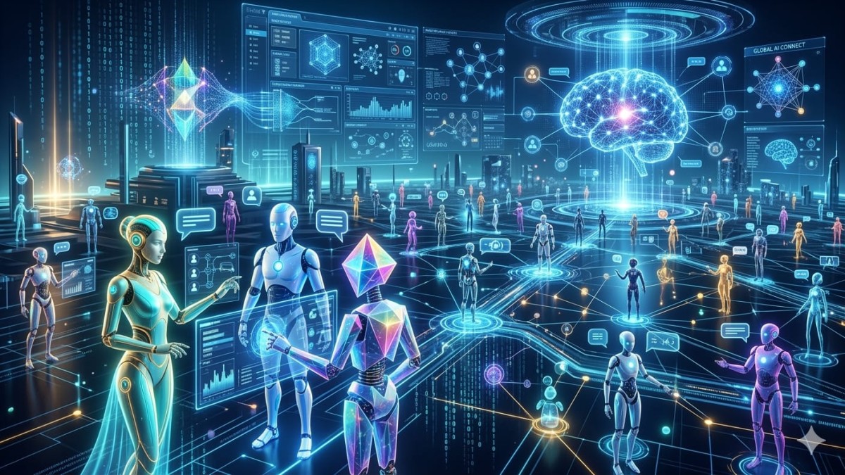 AI bots interacting on a futuristic social network platform representing Meta’s Moltbook acquisition