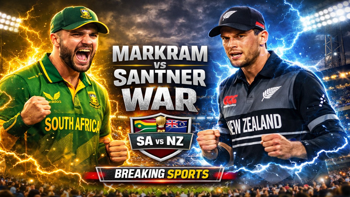 Aiden Markram vs Mitchell Santner war style poster for South Africa vs New Zealand T20 World Cup semifinal at Eden Gardens Kolkata.