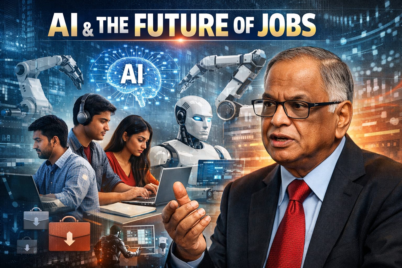 Infosys co-founder Narayana Murthy speaking about AI disruption and its impact on Indian youth employment