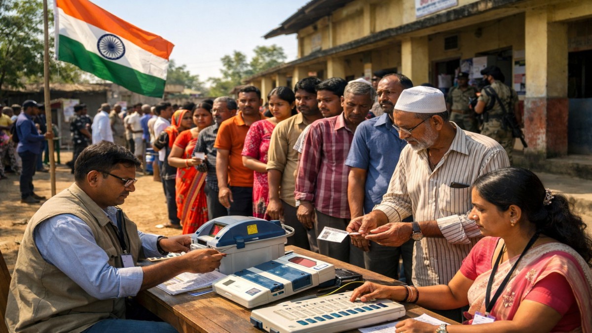 Indian voters standing in queue outside a polling station during Assembly Elections 2026 with election officials and EVM machines