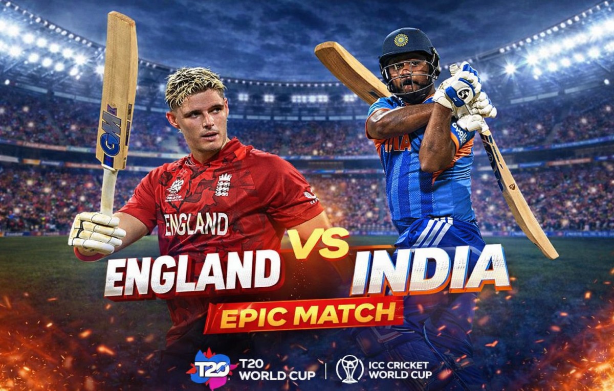 India vs England T20 cricket match poster featuring Indian batsman and England player in stadium background
