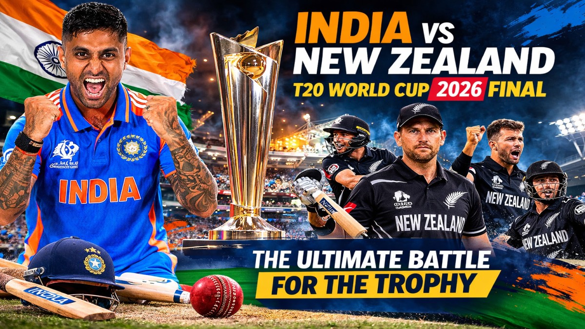 India vs New Zealand T20 World Cup 2026 Final match poster featuring Suryakumar Yadav and New Zealand players at Narendra Modi Stadium Ahmedabad