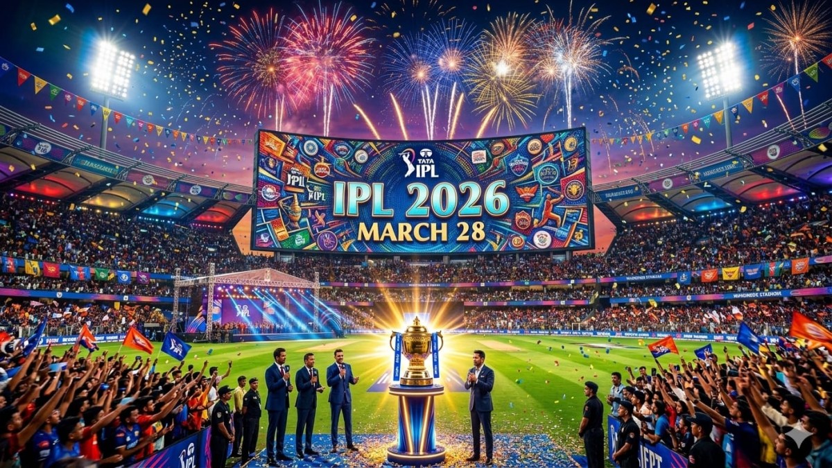 IPL 2026 trophy in cricket stadium as tournament begins March 28 with 84 matches
