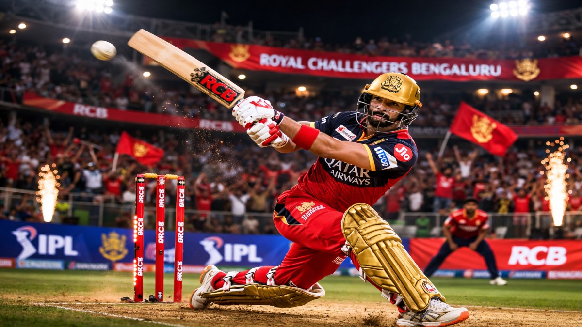 Jitesh Sharma playing an aggressive scoop shot for Royal Challengers Bengaluru in IPL