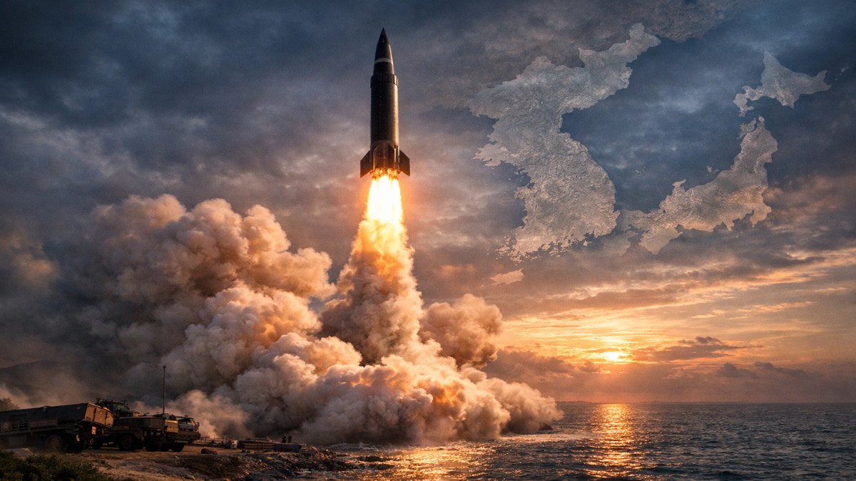 North Korea ballistic missile launching into the sky over the sea during military testing amid US–South Korea Freedom Shield drills