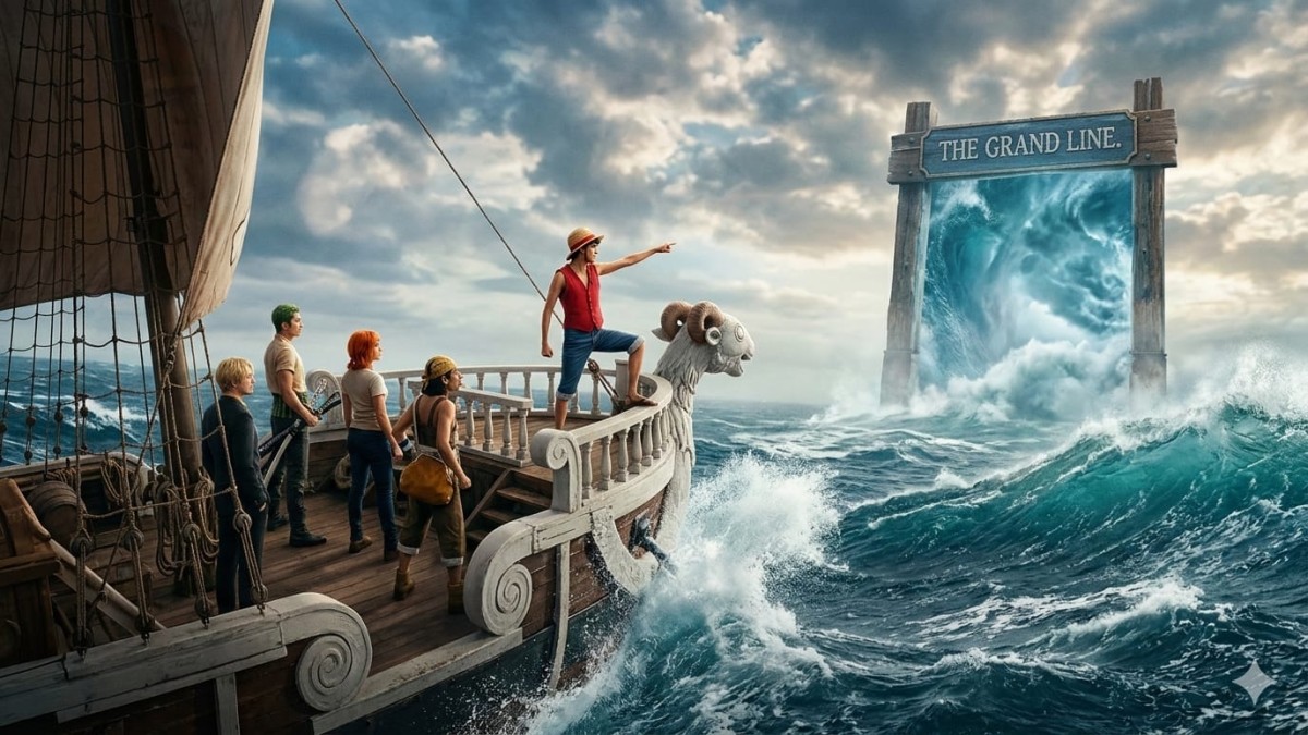 One Piece Season 2 Netflix live action release featuring Monkey D Luffy and Straw Hat crew entering the Grand Line