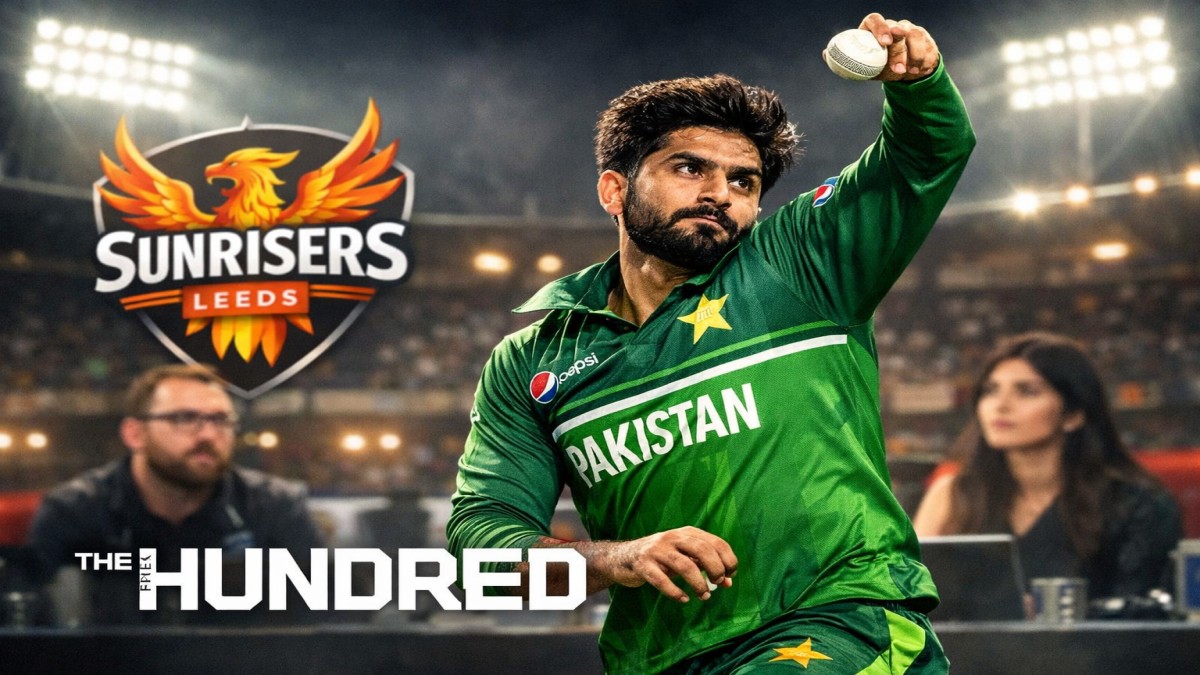 Abrar Ahmed bowling mystery spin for Pakistan with Sunrisers Leeds logo during The Hundred 2026 auction scene