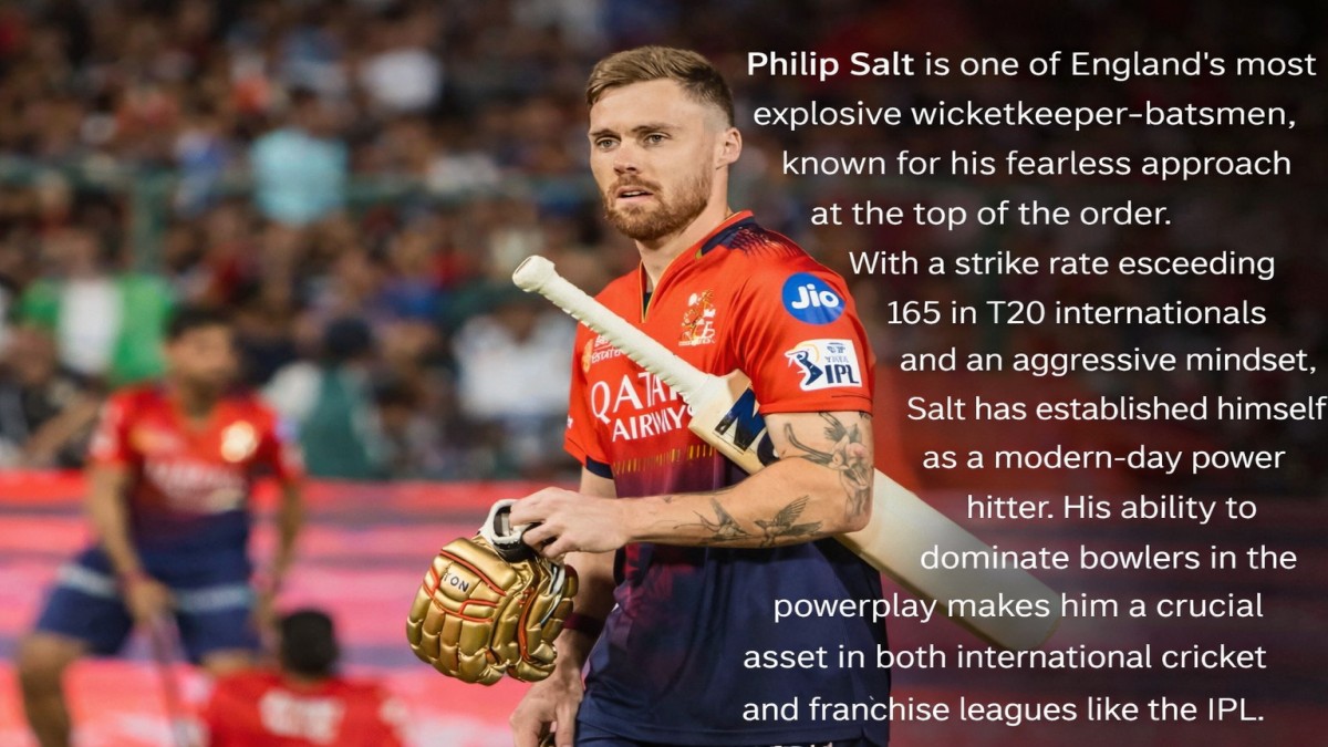 Philip Salt playing an aggressive lofted shot for Royal Challengers Bengaluru in IPL under floodlights