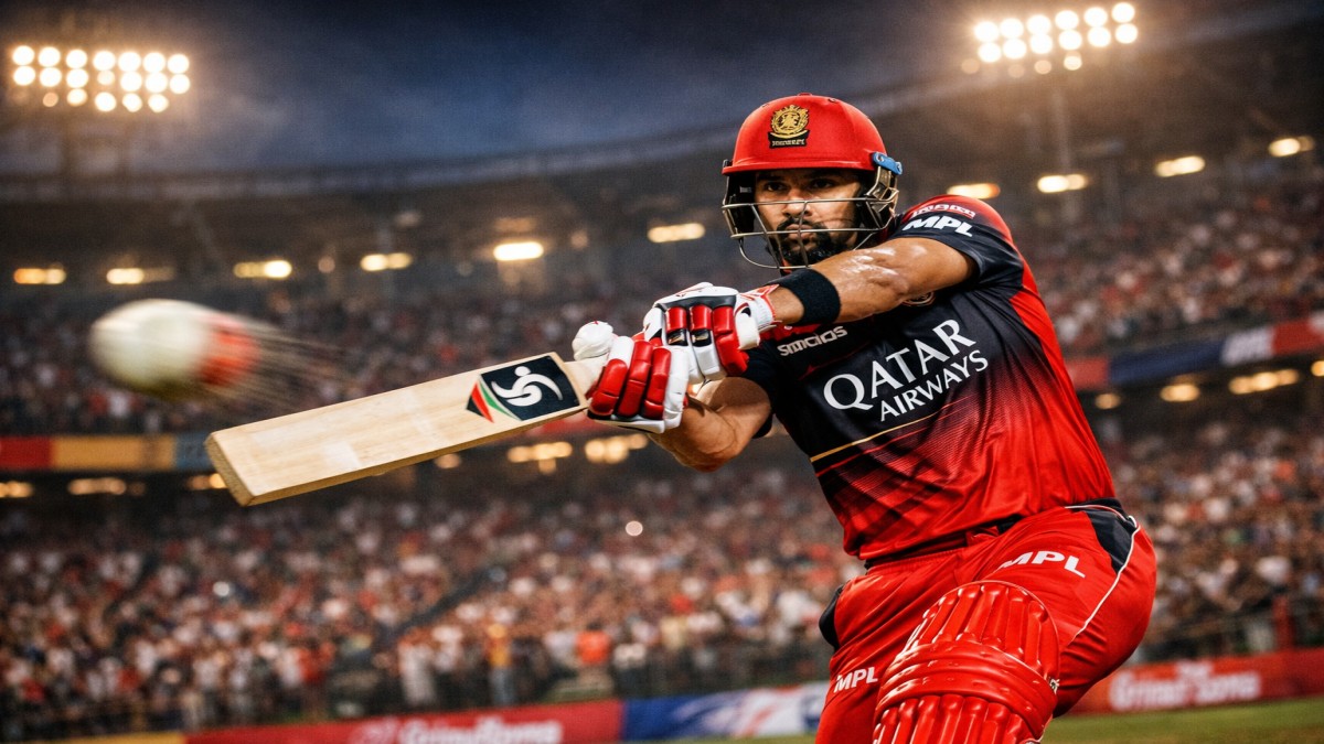Rajat Patidar playing a powerful cover drive for Royal Challengers Bengaluru in IPL under stadium lights