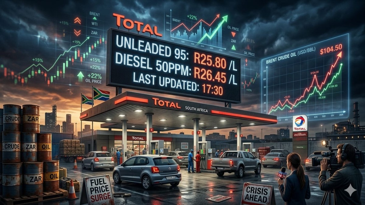 Petrol station in South Africa showing rising fuel prices after Brent crude oil crossed $100 per barrel amid global oil crisis