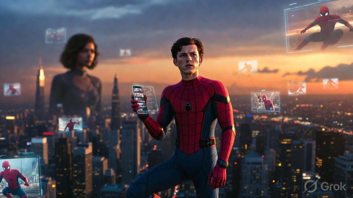 Masked superhero silhouette standing on a skyscraper overlooking a glowing futuristic city with holographic screens and cinematic sunset lighting