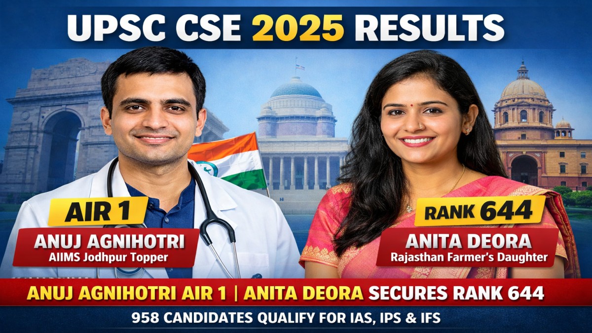 UPSC CSE 2025 topper Anuj Agnihotri AIR 1 and Rajasthan farmer daughter Anita Deora rank 644 success story